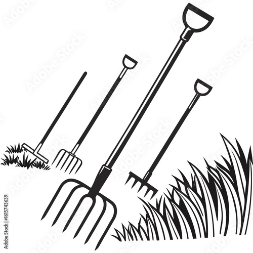 Collection of garden and hay pitchforks and forks