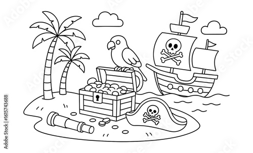 Pirate adventure: coloring page with treasure island, parrot, and ship