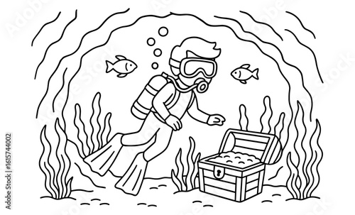 Underwater adventure: diver discovers treasure chest in ocean cave