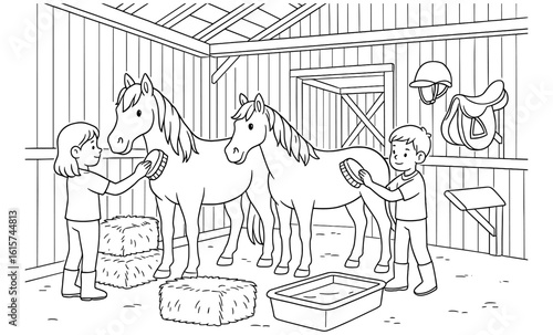 Children grooming horses in a stable barn coloring page for kids