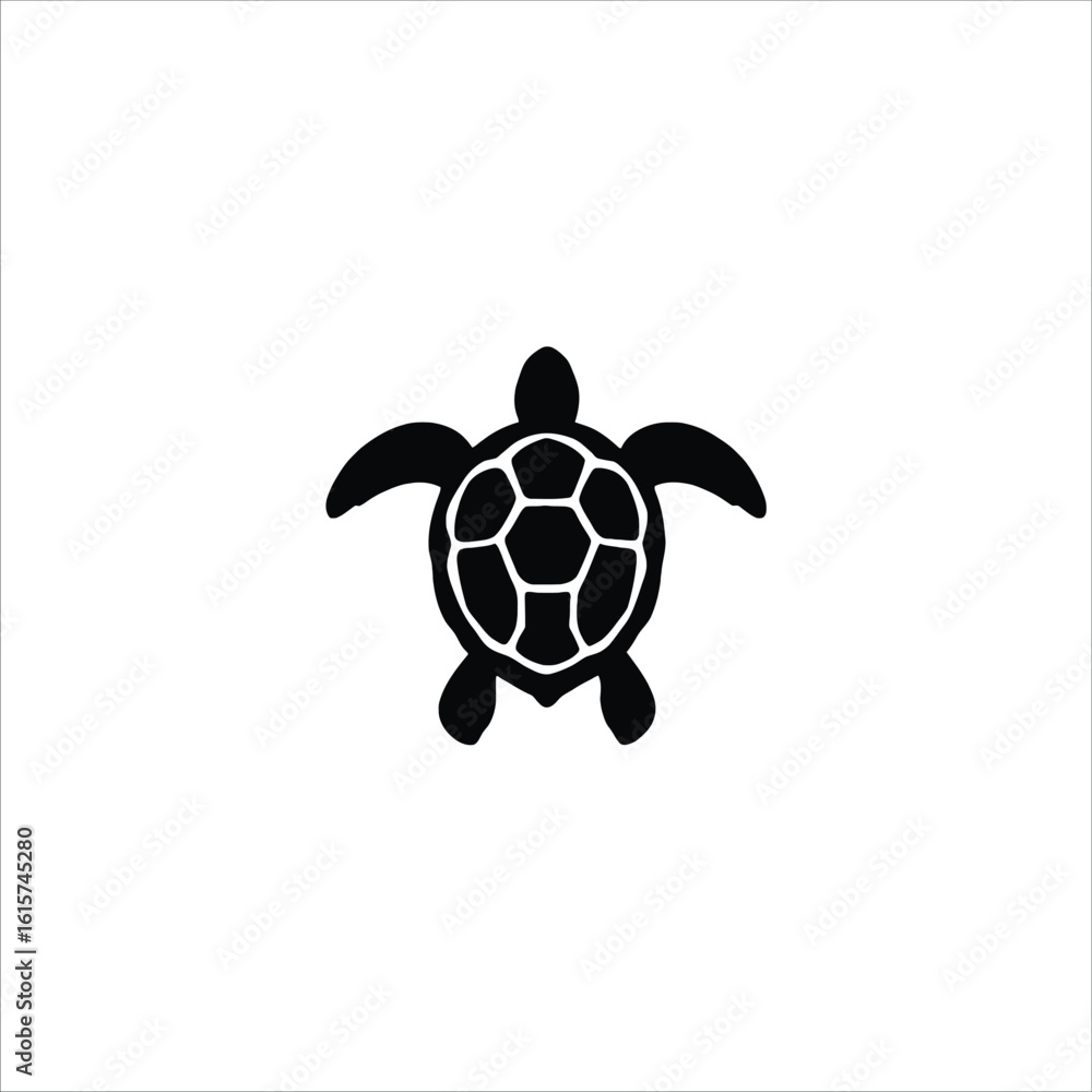 Obraz premium Turtle icon, black vector with hexagonal shell pattern and naturalistic limbs in profile view