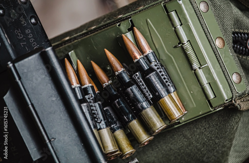Close-up view of linked rifle ammunition, 5.56mm caliber
