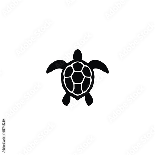 Turtle icon, black vector with hexagonal shell pattern and naturalistic limbs in profile view