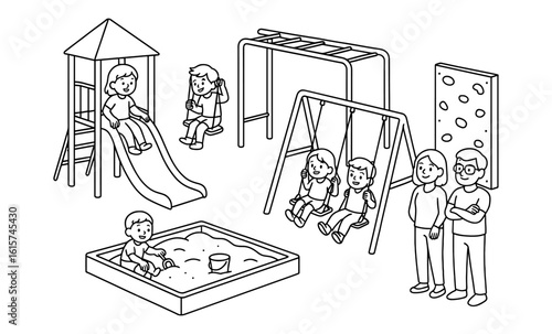Playground fun: kids enjoying swings, slide, sandbox, and climbing wall in line art style