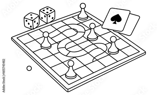Monochrome board game elements with dice and cards