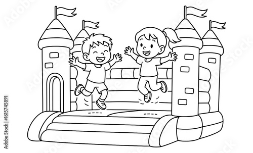 Joyful kids bouncing on inflatable castle in outline style