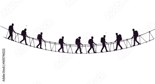 Silhouette Illustration Of Hikers On A Bridge Against Dark Transparent Background