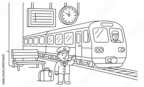 Cartoon train station scene with smiling conductor and luggage in black and white