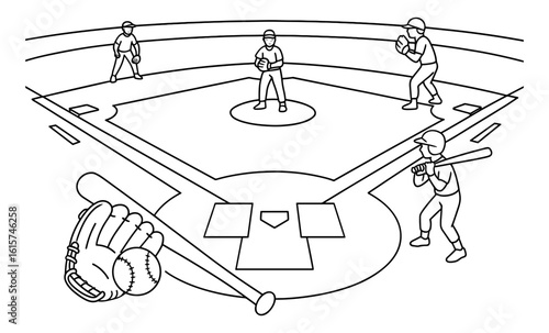 Outline style baseball game with players and equipment on field