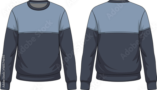 Stylish Two-Tone Men's Crewneck Sweatshirt Design Template: Front and Back View for Fashion Mockups, Apparel Branding, and Casual Wear Collections, Dark Blue and Light Blue Color Block.