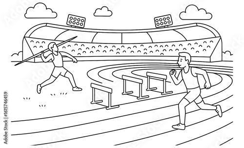 Track and field competition in linear art style featuring javelin thrower and hurdler in stadium
