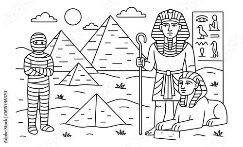 Ancient egypt line art featuring pharaoh, sphinx, pyramids, and hieroglyphs