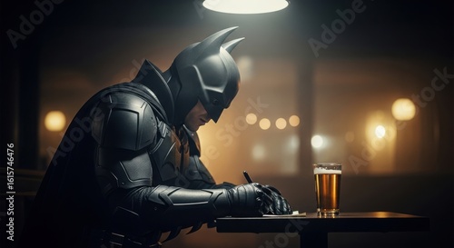 A somber vigilante contemplates his mission with a pint in a dimly lit bar