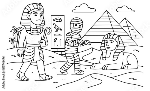 Ancient egypt theme coloring page featuring pharaoh, mummy, sphinx, and pyramids