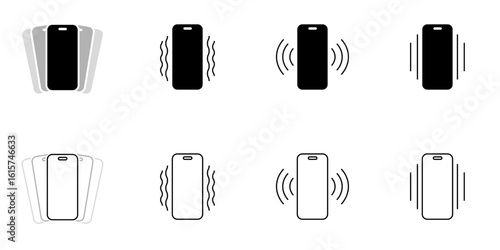 Phone vibration icon set featuring mobile device motion symbols in solid black and outline styles, ideal for UI, UX, app interfaces, notifications, and device status indicators