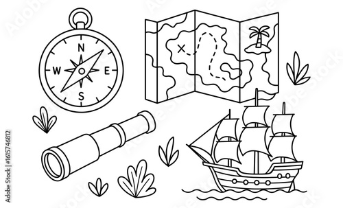 Line art adventure: compass, treasure map, telescope, and sailing ship