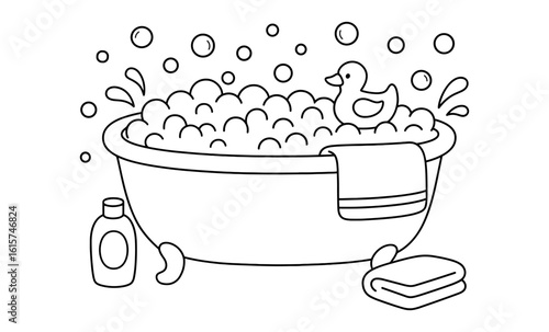 Cute bath time with rubber duck and bubbles in black and white outline art