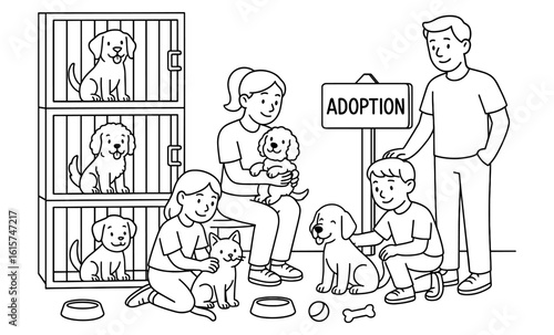 Family adopting pets from shelter: heartwarming scene in black outline style
