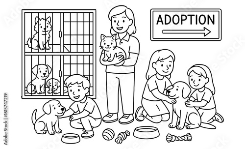 Animal shelter adoption scene with children and pets in black and white outline style
