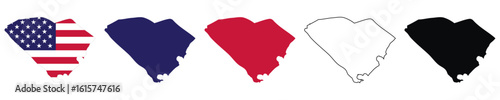 A South Carolina state map vector illustration set featuring outline and solid fills, with American flag in blue, red, and black, perfect for geography education, travel guides, and patriotic designs