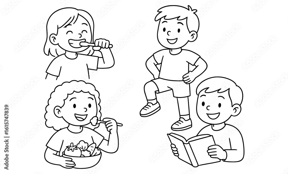 Playful kids engaged in healthy activities: brushing teeth, reading, eating, and exercising in line style Playful kids engaged in healthy activities: brushing teeth, reading, eating, and exercising in line style