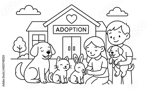 Adoption center with happy family and cute pets in black and white linear design