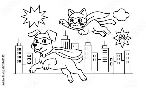 Superhero cat and dog adventure in the city skyline
