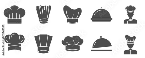 Kitchen hat solid icon set featuring chef toque designs, cooking uniform elements, and food dome symbols for culinary themes, restaurant branding, and food service design
