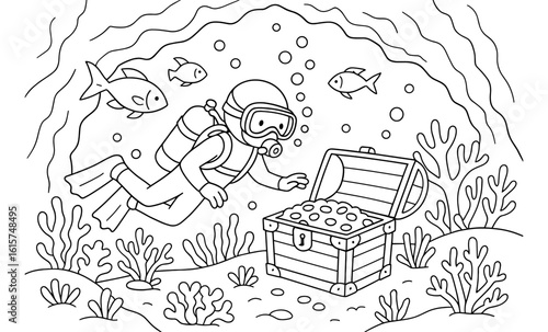 Treasure diver exploring underwater cave with fish and coral line art