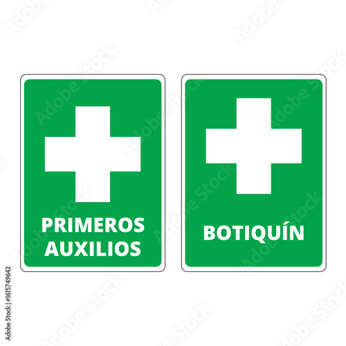 Primeros auxilios and botiquin signs on a white background (trad. First aid and first aid kit)