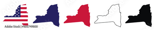 A New York state map vector illustration set featuring outline and solid fills, with American flag in blue, red, and black, perfect for geography education, travel guides, and patriotic design uses