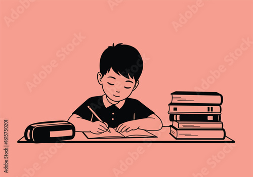 A young boy diligently writing at a desk, surrounded by books and a pencil case.