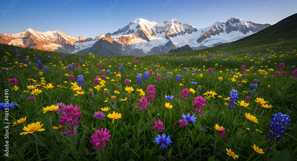 Fototapeta premium Picturesque alpine meadow with colorful wildflowers and snow-capped mountains