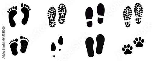 Diverse footprint icon set featuring human barefoot, shoe, boot, and animal paw prints, representing tracking, movement, direction, navigation, and pathfinding design concepts