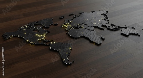 Black World Map with City Lights on Dark Floor