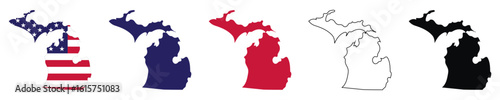A Michigan state map vector illustration set featuring outline and solid fills, with American flag blue, red, and black variations, perfect for geography education, travel guides, and patriotic design