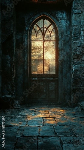 Arched Window in Stone Wall with Sunlight and Cobblestone Floor