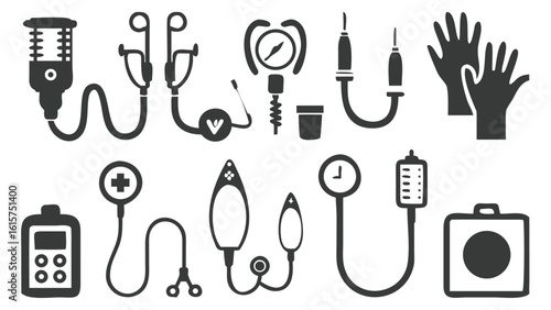 Medical Equipment Icons Depicting Various Healthcare Tools and Supplies in a Simple Black and White Style