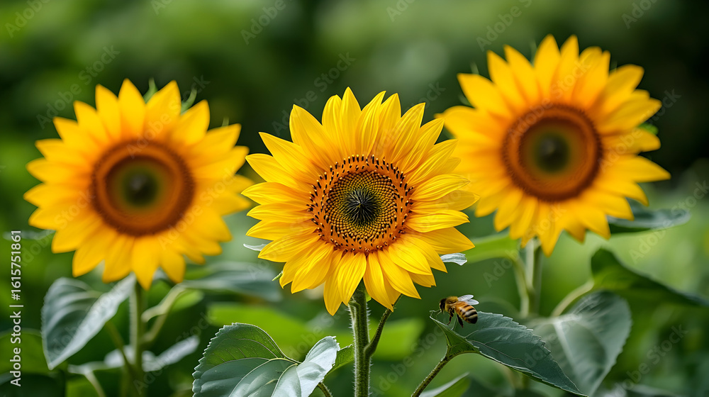Fototapeta premium Three sunflowers in a garden.