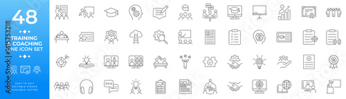 A line icon set with editable stroke representing training and coaching concepts such as education, mentorship, skill development, personal growth, business, seminars, workshops, and consulting