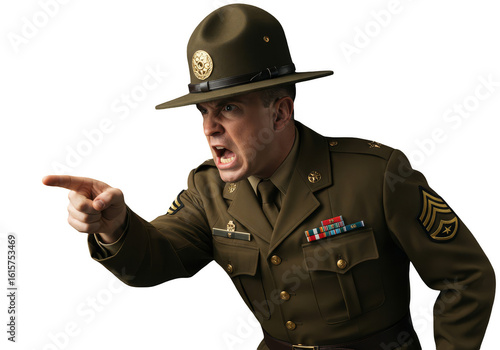 Portrait of Angry Sergeant Shouting and Pointing on Dark Background