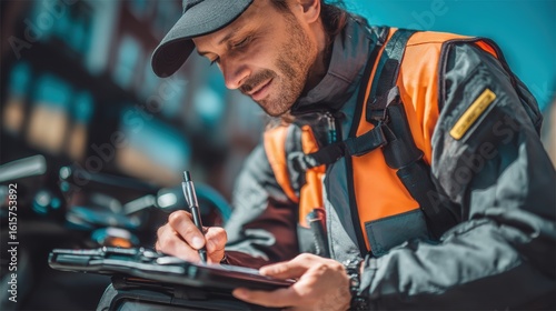 Man in a black hat and orange vest is writing on a clipboard