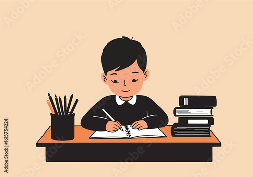 A young boy diligently studies, writing in a notebook at his desk, surrounded by books and pencils.