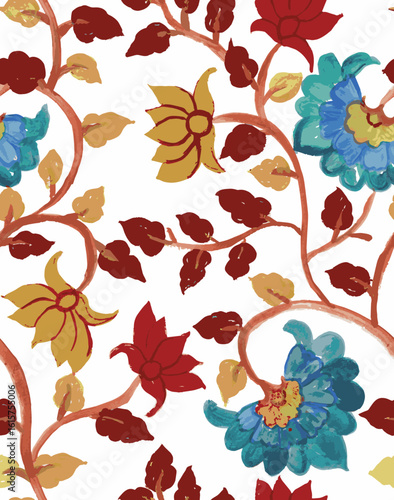 traditional seamless kalamkari flower pattern isolated on white background.  kalamkari pattern. ethnic flowers seamless vector pattern.