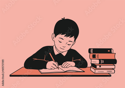 A focused young boy sits at a desk, writing in a notebook next to a stack of books.
