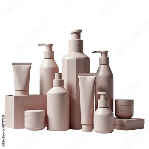 Group of light pink cosmetic containers.