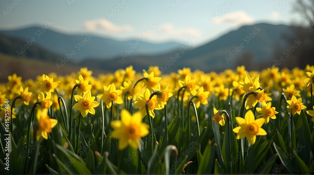 Fototapeta premium Field of yellow daffodils with mountains in the background view