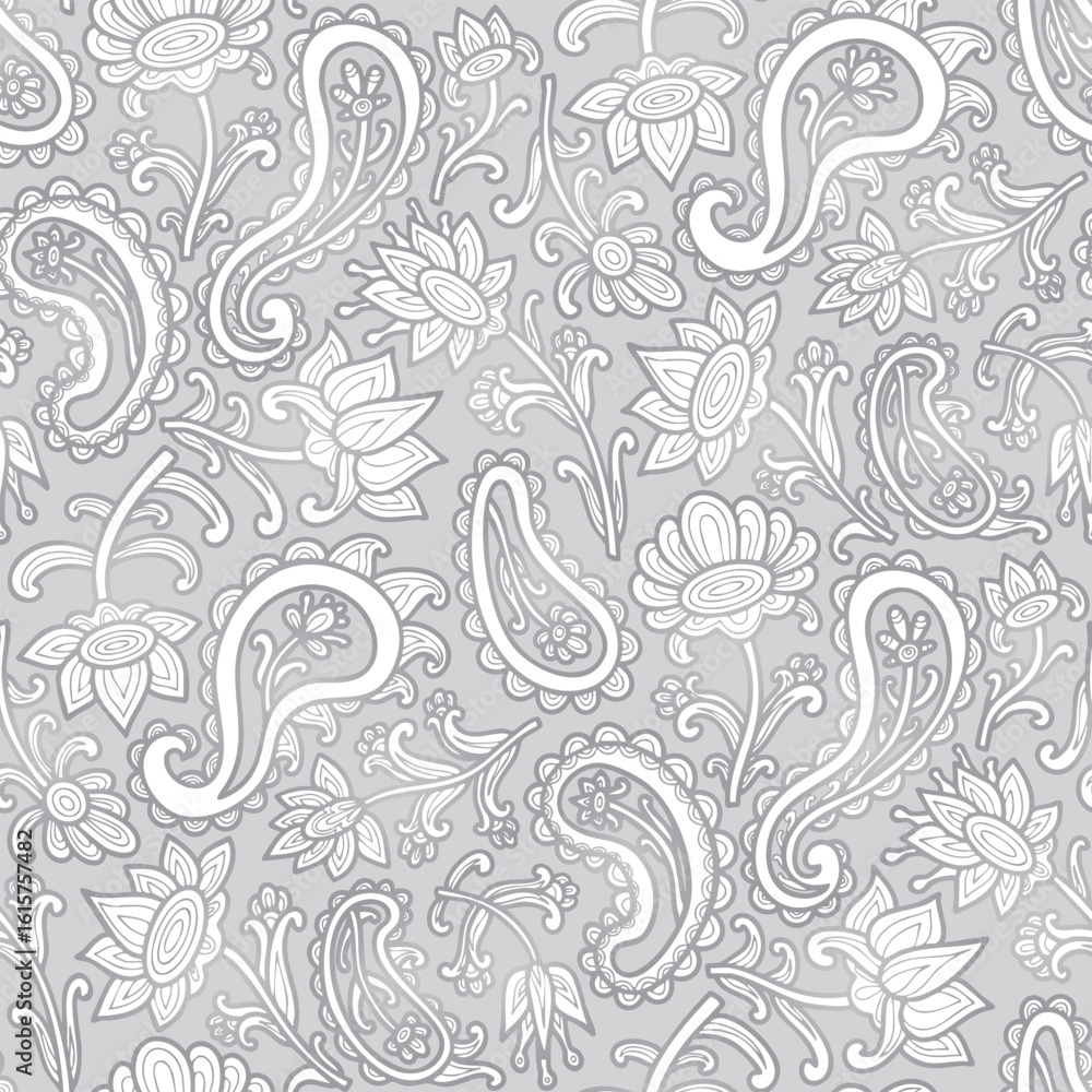 Fototapeta premium Paisley floral pattern, abstraction, swirl flowers, white and grey colors. Seamless floral pattern-809.