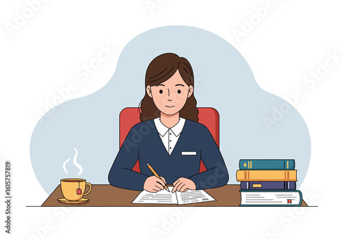 An illustrated woman sits at a desk, writing in a book, with a stack of textbooks and a steaming cup of coffee.