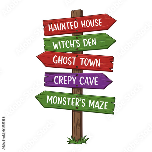 Wallpaper Mural Spooky Signpost: A vintage wooden signpost directs visitors towards ominous destinations, embodying Halloween spirit with a collection of directional pointers. Torontodigital.ca